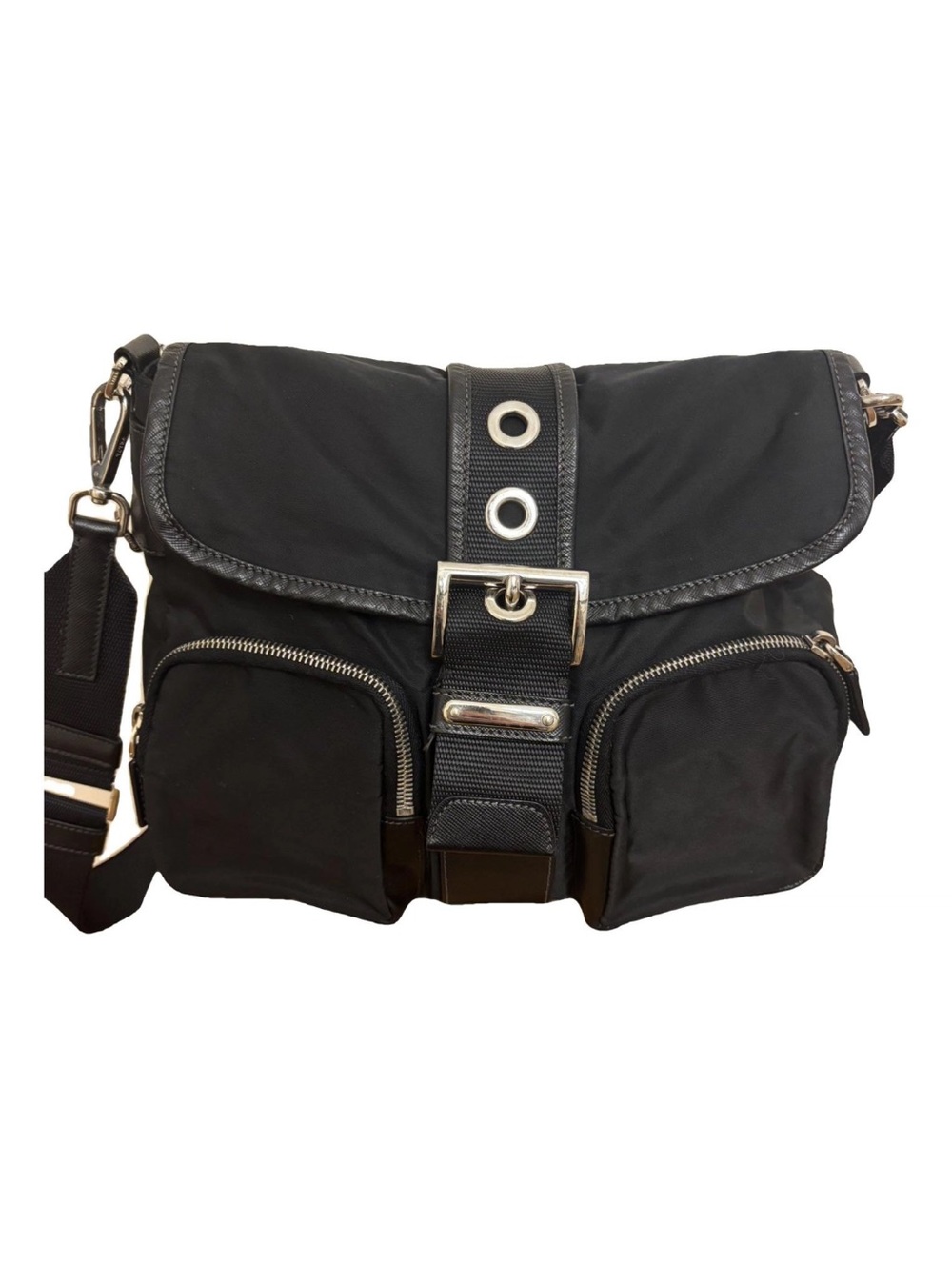 Prada nylon bag with an enameled triangle.